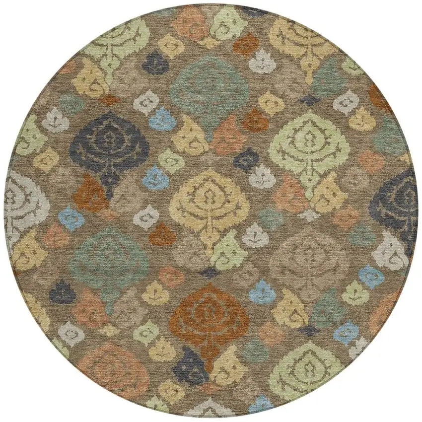 8' Chocolate And Charcoal Round Damask Washable Indoor Outdoor Area Rug Photo 3