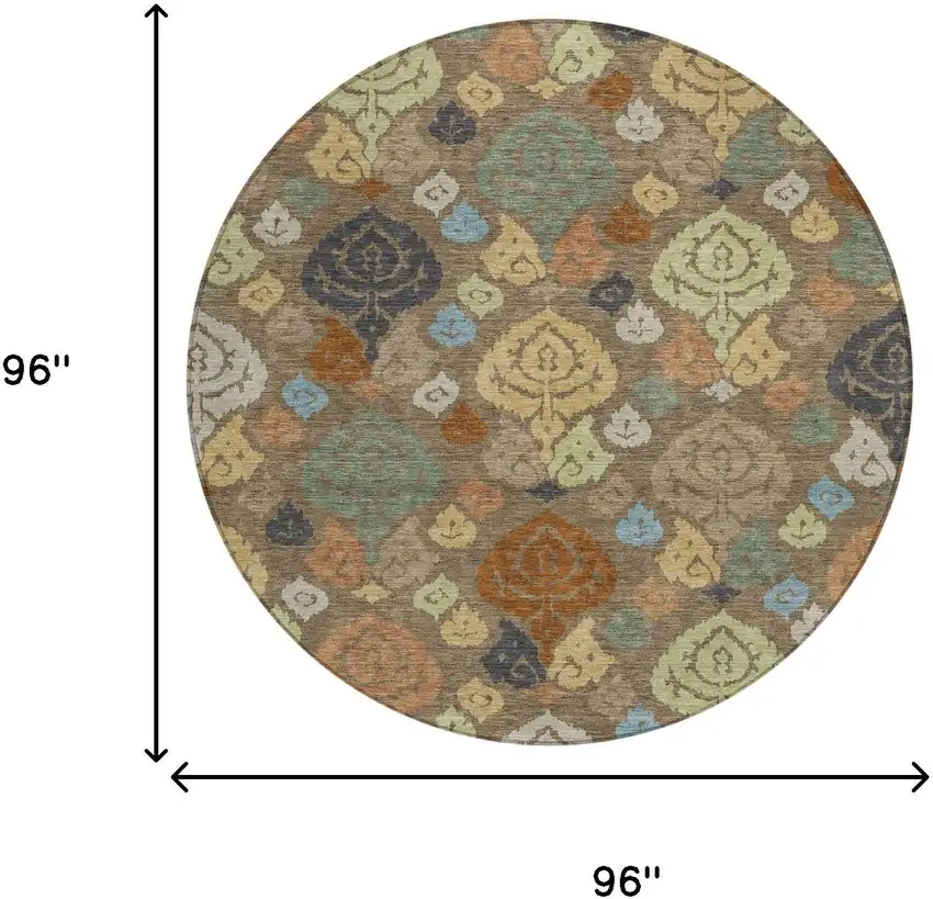 8' Chocolate And Charcoal Round Damask Washable Indoor Outdoor Area Rug Photo 8