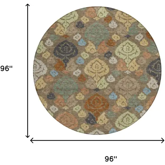 8' Chocolate And Charcoal Round Damask Washable Indoor Outdoor Area Rug Photo 8