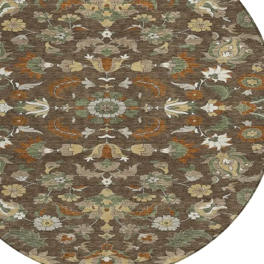 8' Chocolate And Charcoal Round Floral Medallion Washable Indoor Outdoor Area Rug Photo 3