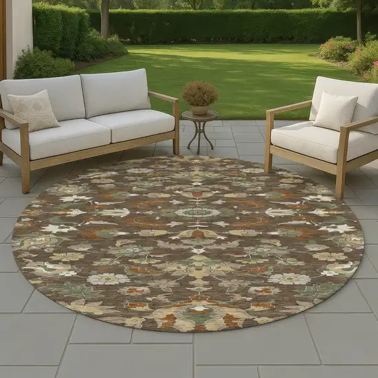 8' Chocolate And Charcoal Round Floral Medallion Washable Indoor Outdoor Area Rug Photo 4