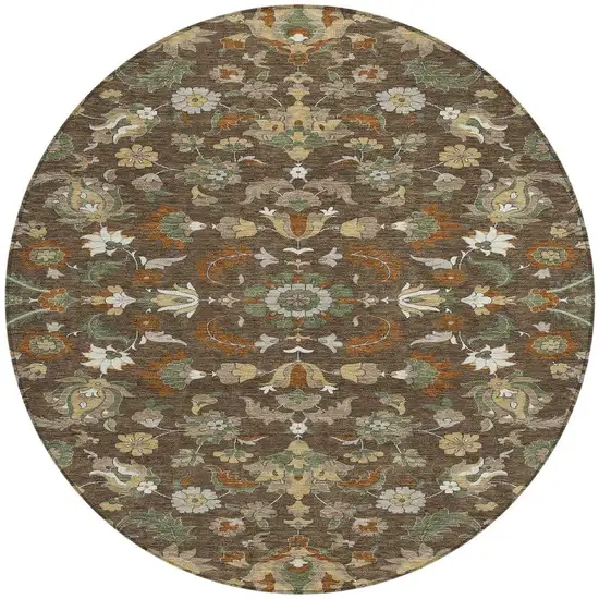 8' Chocolate And Charcoal Round Floral Medallion Washable Indoor Outdoor Area Rug Photo 2