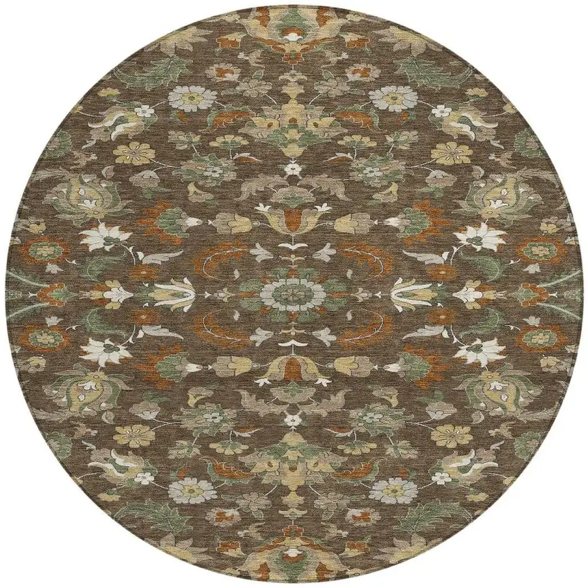 8' Chocolate And Charcoal Round Floral Medallion Washable Indoor Outdoor Area Rug Photo 2