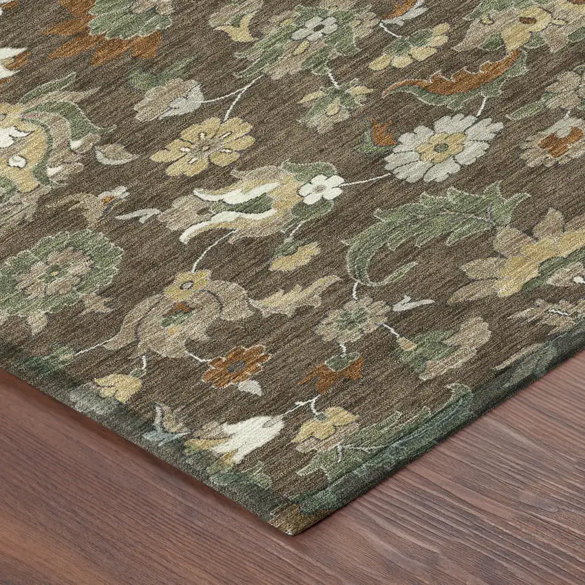 8' Chocolate And Charcoal Round Floral Medallion Washable Indoor Outdoor Area Rug Photo 6