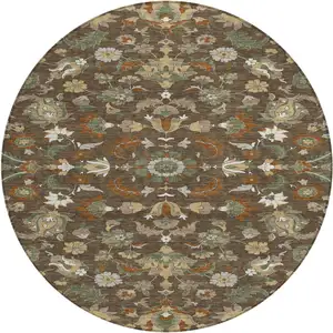 Photo of 8' Chocolate And Charcoal Round Floral Medallion Washable Indoor Outdoor Area Rug