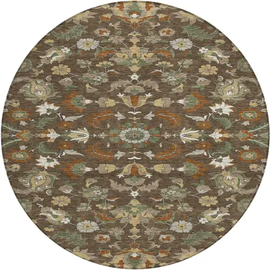 8' Chocolate And Charcoal Round Floral Medallion Washable Indoor Outdoor Area Rug Photo 1
