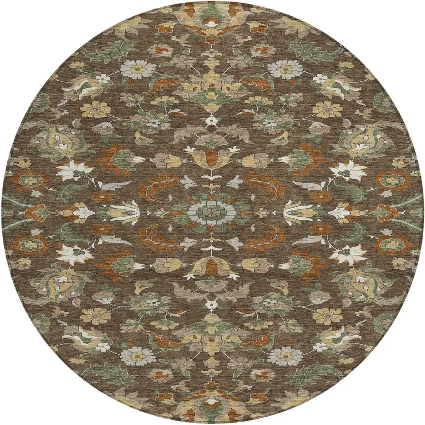 8' Chocolate And Charcoal Round Floral Medallion Washable Indoor Outdoor Area Rug Photo 1