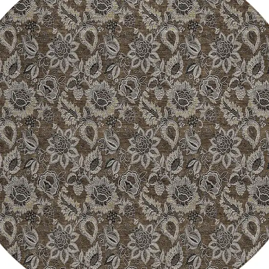 8' Chocolate And Charcoal Round Floral Washable Indoor Outdoor Area Rug Photo 5