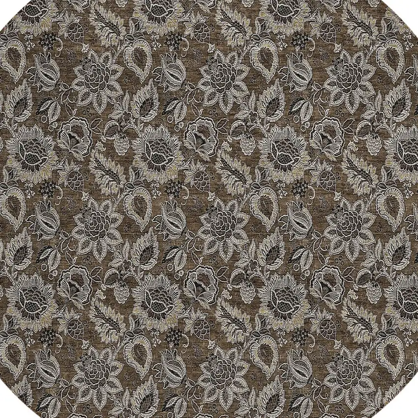 8' Chocolate And Charcoal Round Floral Washable Indoor Outdoor Area Rug Photo 5