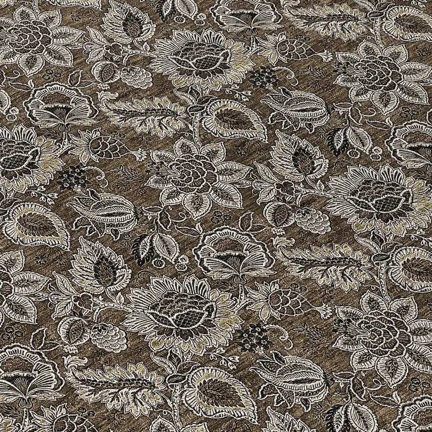 8' Chocolate And Charcoal Round Floral Washable Indoor Outdoor Area Rug Photo 9