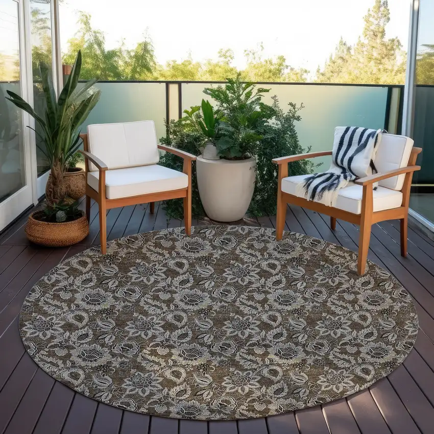 8' Chocolate And Charcoal Round Floral Washable Indoor Outdoor Area Rug Photo 7