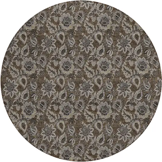 8' Chocolate And Charcoal Round Floral Washable Indoor Outdoor Area Rug Photo 2