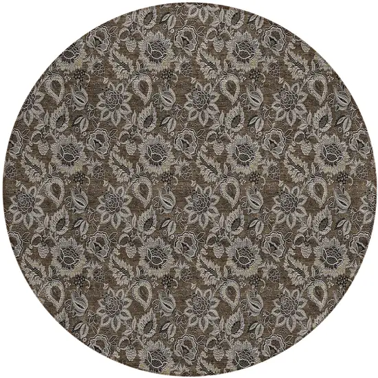 8' Chocolate And Charcoal Round Floral Washable Indoor Outdoor Area Rug Photo 2