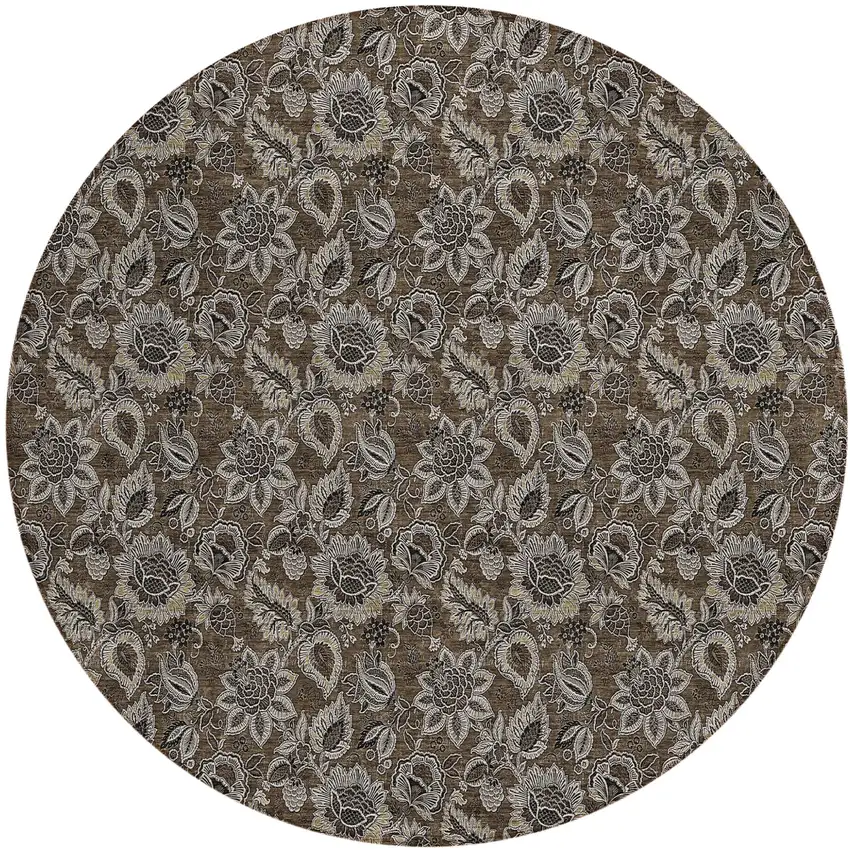 8' Chocolate And Charcoal Round Floral Washable Indoor Outdoor Area Rug Photo 2