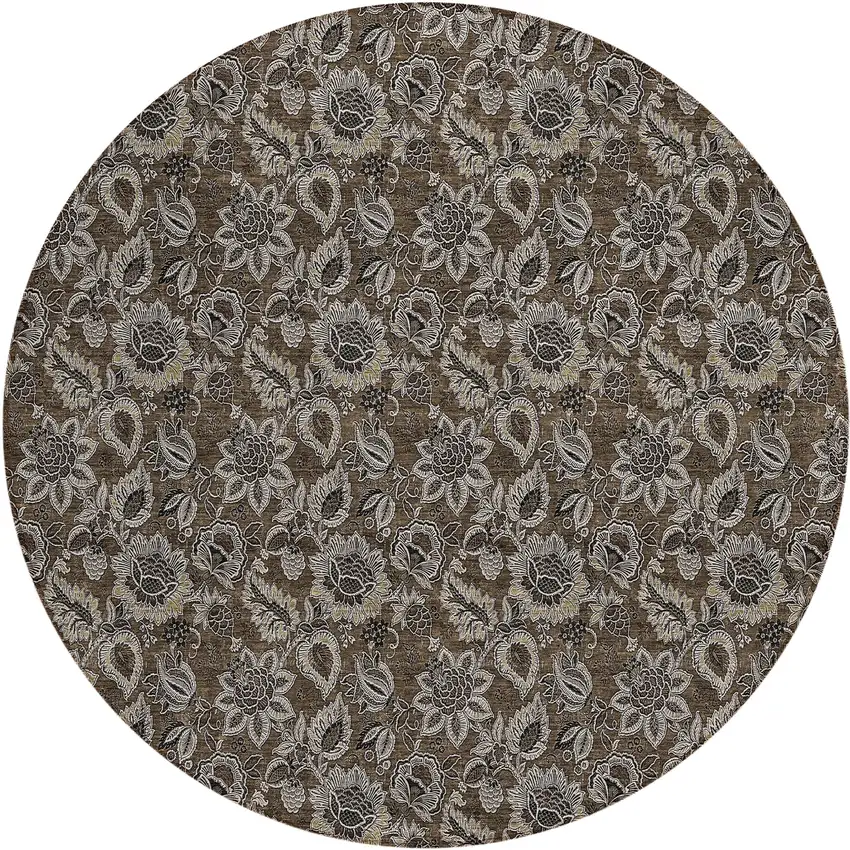 8' Chocolate And Charcoal Round Floral Washable Indoor Outdoor Area Rug Photo 2