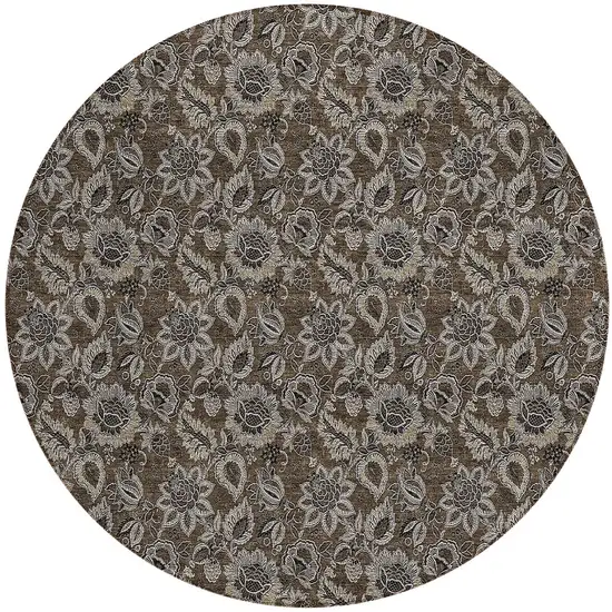 8' Chocolate And Charcoal Round Floral Washable Indoor Outdoor Area Rug Photo 6