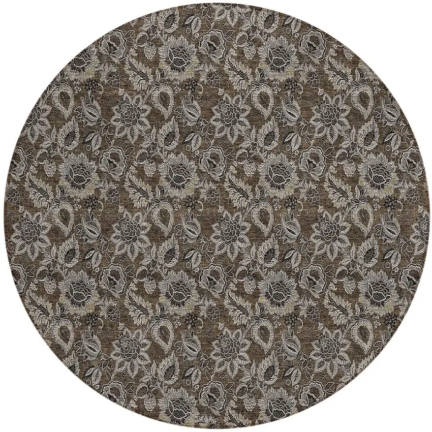 8' Chocolate And Charcoal Round Floral Washable Indoor Outdoor Area Rug Photo 6
