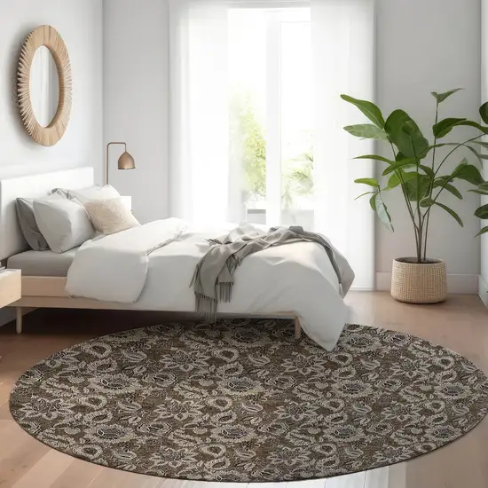 8' Chocolate And Charcoal Round Floral Washable Indoor Outdoor Area Rug Photo 8