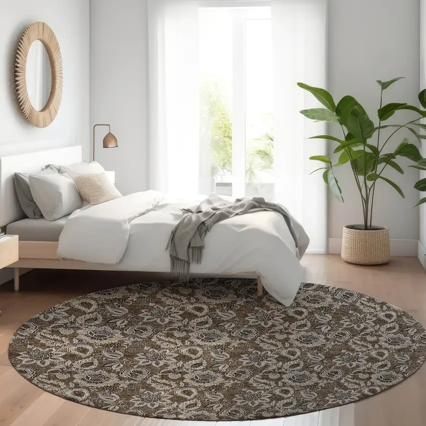 8' Chocolate And Charcoal Round Floral Washable Indoor Outdoor Area Rug Photo 8