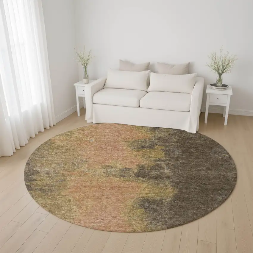 8' Chocolate And Copper Abstract Washable Round Rug With UV Protection Photo 4