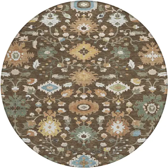 8' Chocolate And Copper Round Floral Medallion Washable Indoor Outdoor Area Rug Photo 1