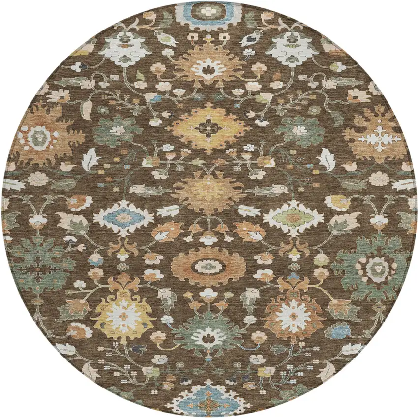 8' Chocolate And Copper Round Floral Medallion Washable Indoor Outdoor Area Rug Photo 1