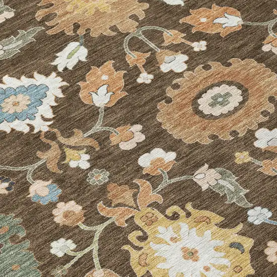 8' Chocolate And Copper Round Floral Medallion Washable Indoor Outdoor Area Rug Photo 7