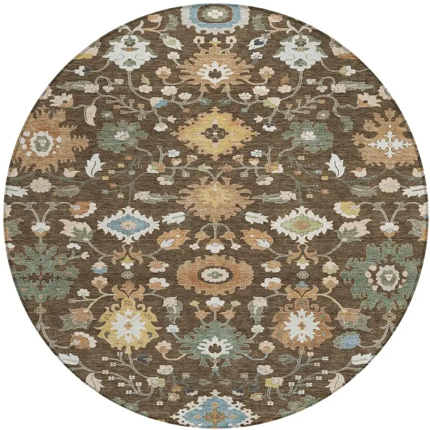 8' Chocolate And Copper Round Floral Medallion Washable Indoor Outdoor Area Rug Photo 2
