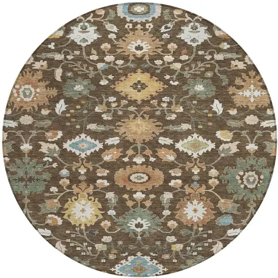 8' Chocolate And Copper Round Floral Medallion Washable Indoor Outdoor Area Rug Photo 2