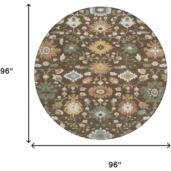 8' Chocolate And Copper Round Floral Medallion Washable Indoor Outdoor Area Rug Photo 8