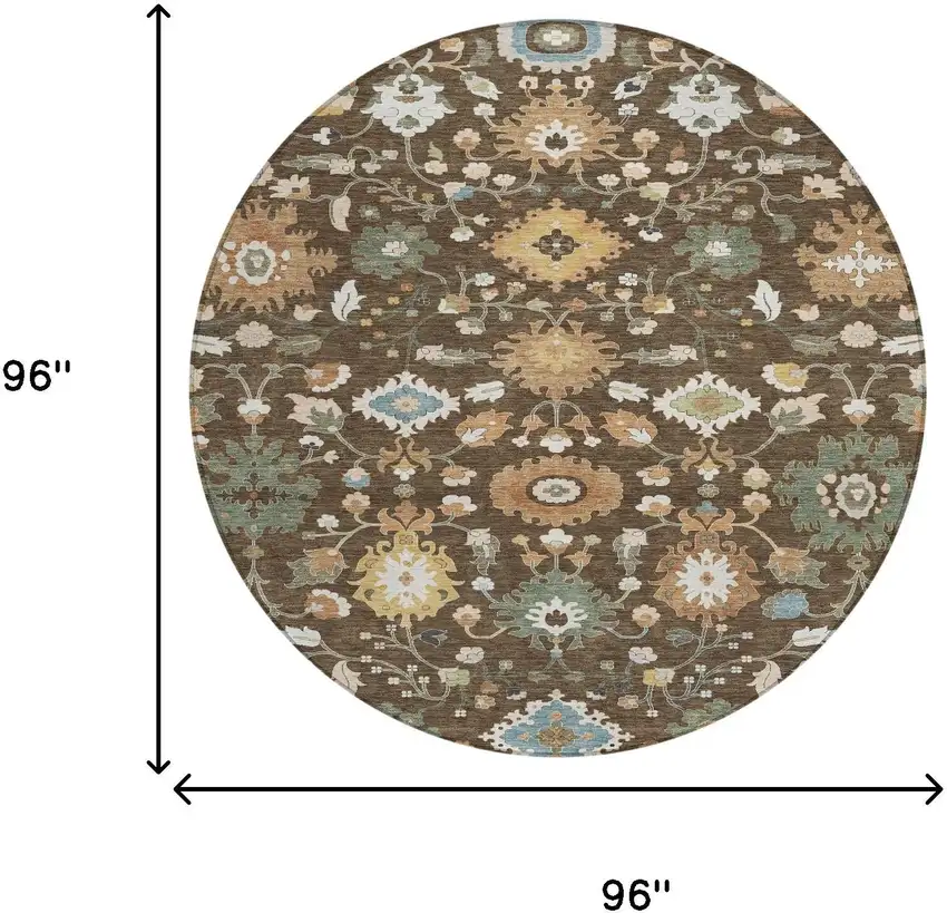 8' Chocolate And Copper Round Floral Medallion Washable Indoor Outdoor Area Rug Photo 8