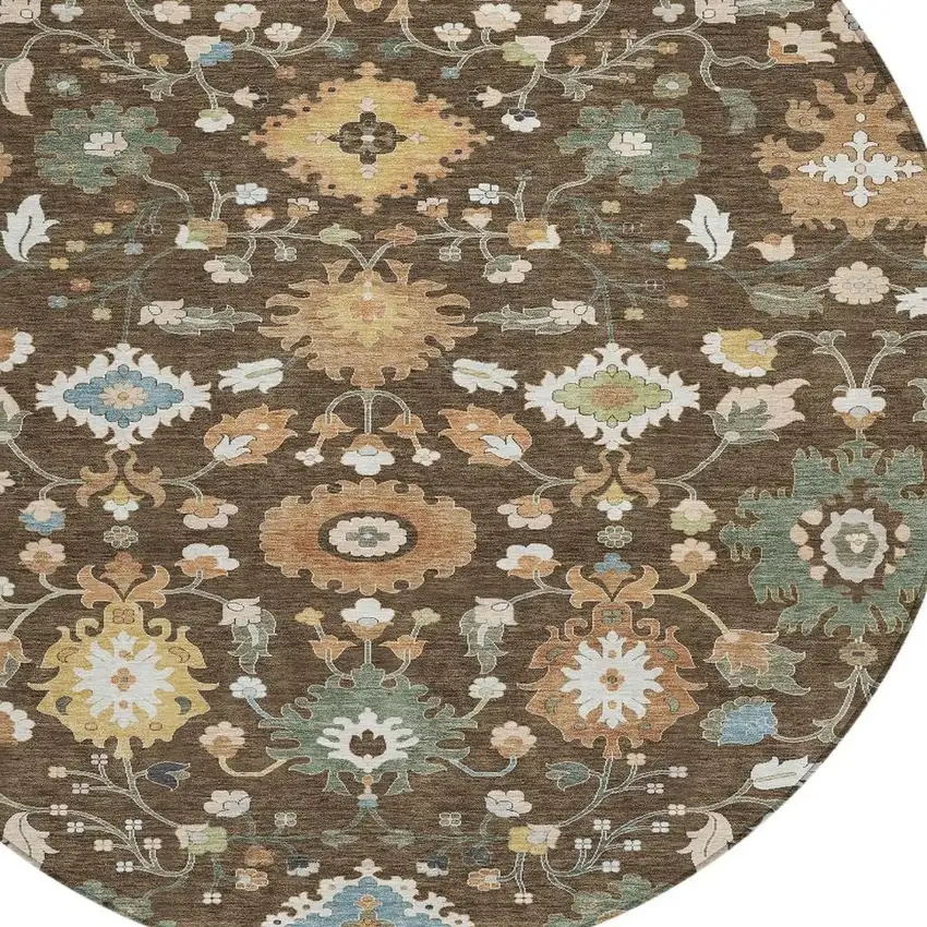 8' Chocolate And Copper Round Floral Medallion Washable Indoor Outdoor Area Rug Photo 3