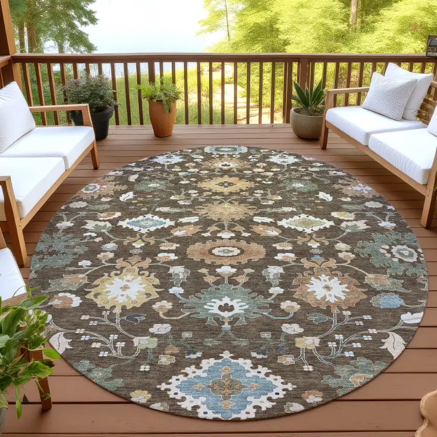 8' Chocolate And Copper Round Floral Medallion Washable Indoor Outdoor Area Rug Photo 4