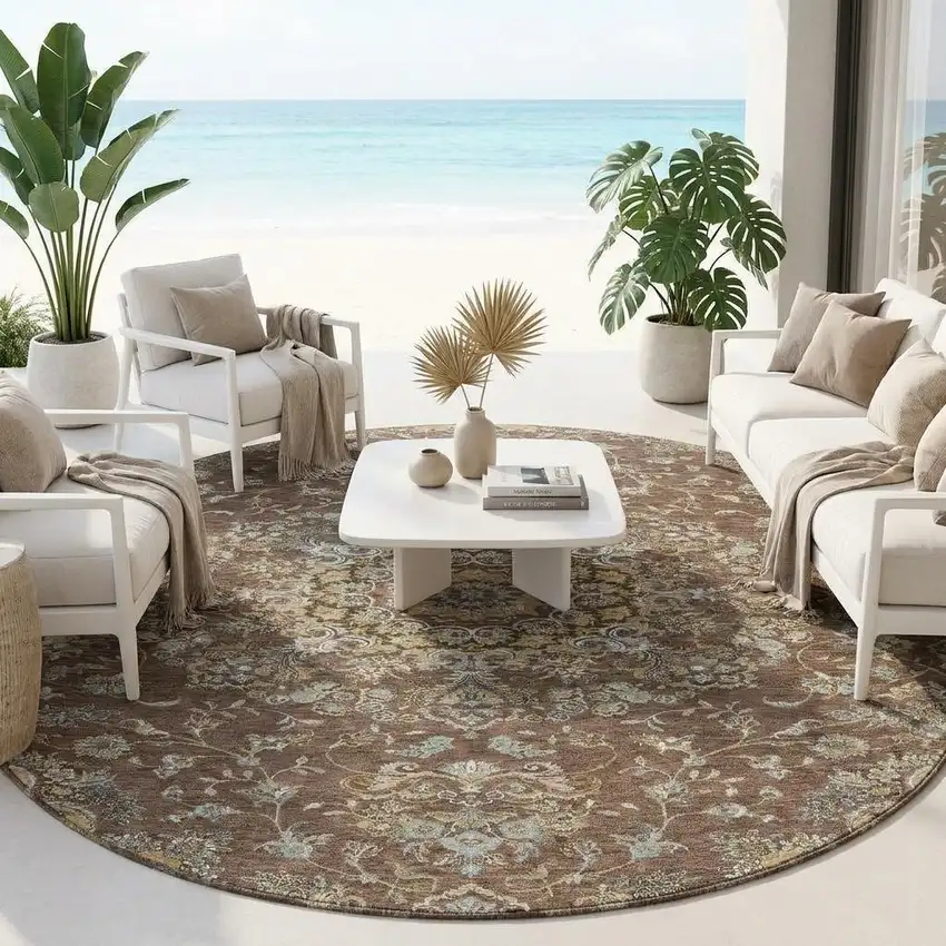 8' Chocolate And Copper Round Floral Medallion Washable Indoor Outdoor Area Rug Photo 1