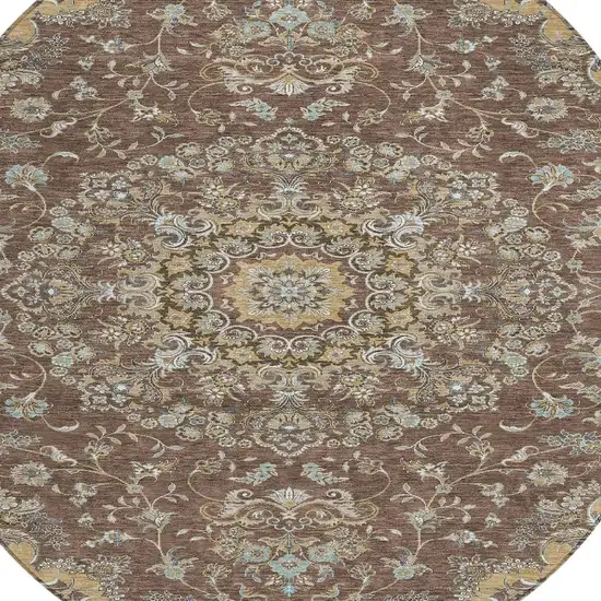 8' Chocolate And Copper Round Floral Medallion Washable Indoor Outdoor Area Rug Photo 4