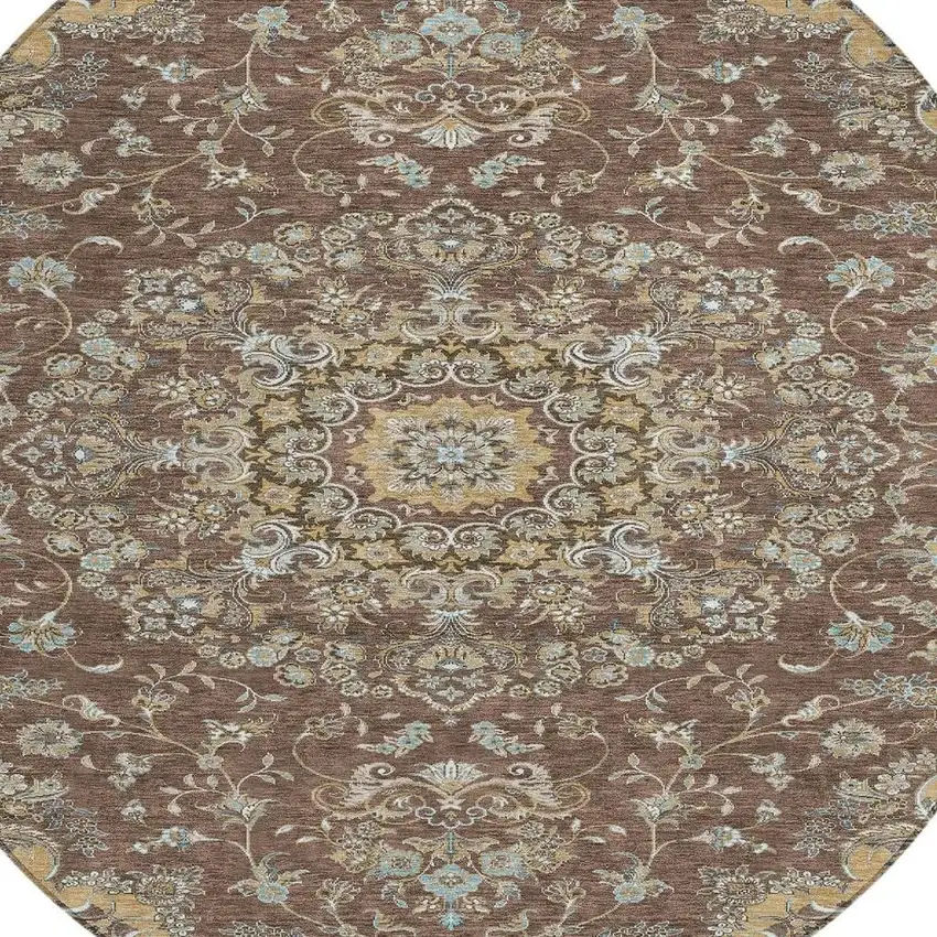 8' Chocolate And Copper Round Floral Medallion Washable Indoor Outdoor Area Rug Photo 4