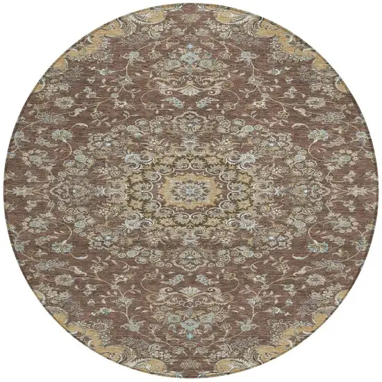 8' Chocolate And Copper Round Floral Medallion Washable Indoor Outdoor Area Rug Photo 3