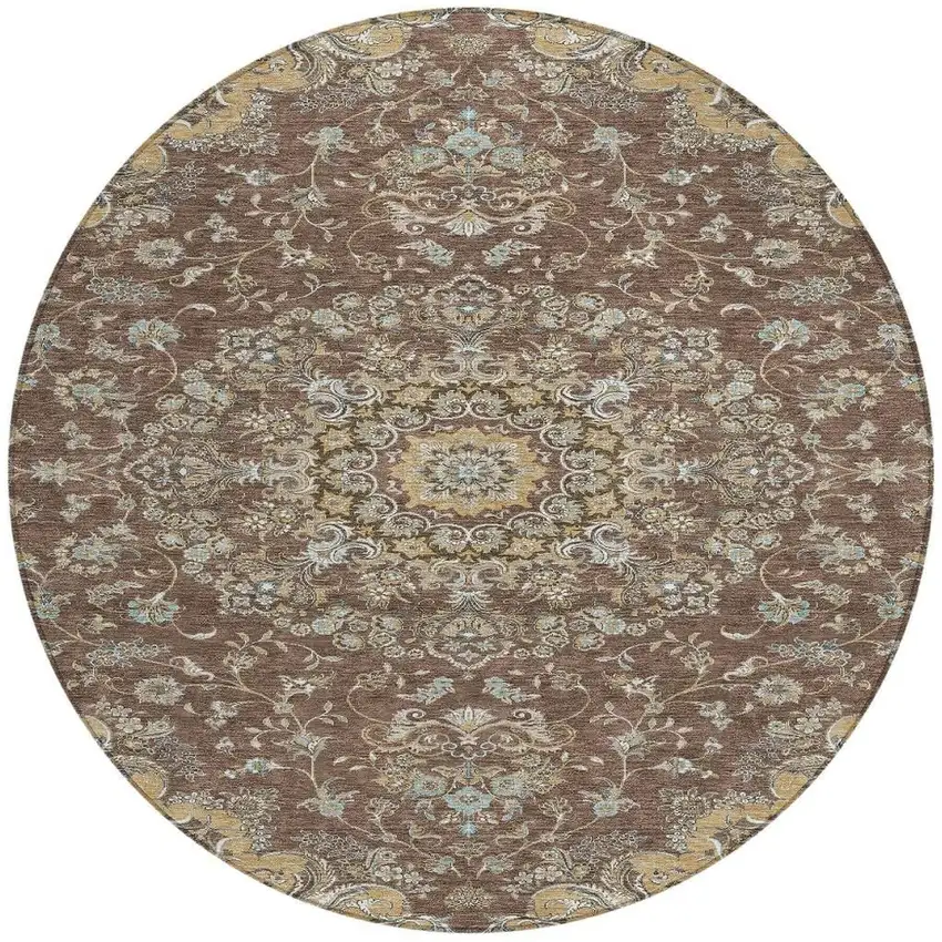 8' Chocolate And Copper Round Floral Medallion Washable Indoor Outdoor Area Rug Photo 3
