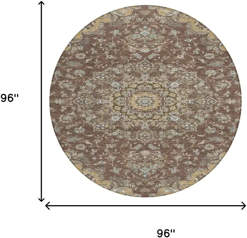 8' Chocolate And Copper Round Floral Medallion Washable Indoor Outdoor Area Rug Photo 7
