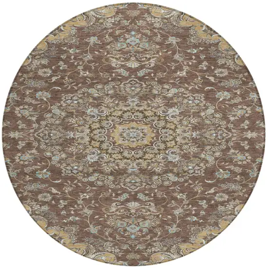8' Chocolate And Copper Round Floral Medallion Washable Indoor Outdoor Area Rug Photo 2