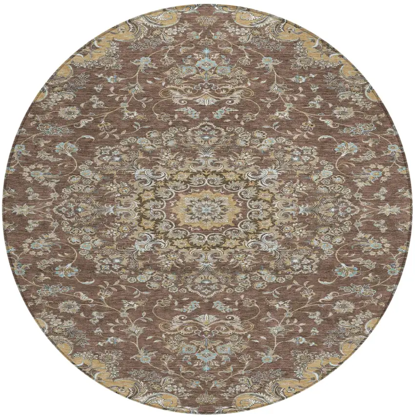 8' Chocolate And Copper Round Floral Medallion Washable Indoor Outdoor Area Rug Photo 2