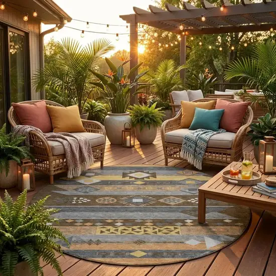 8' Chocolate And Copper Round Geometric Washable Indoor Outdoor Area Rug Photo 1