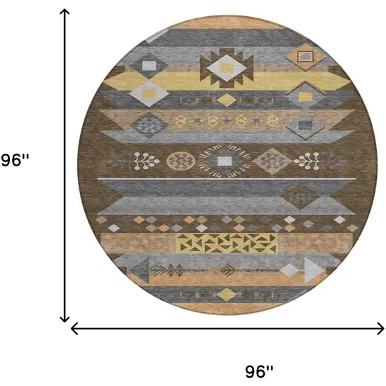 8' Chocolate And Copper Round Geometric Washable Indoor Outdoor Area Rug Photo 7