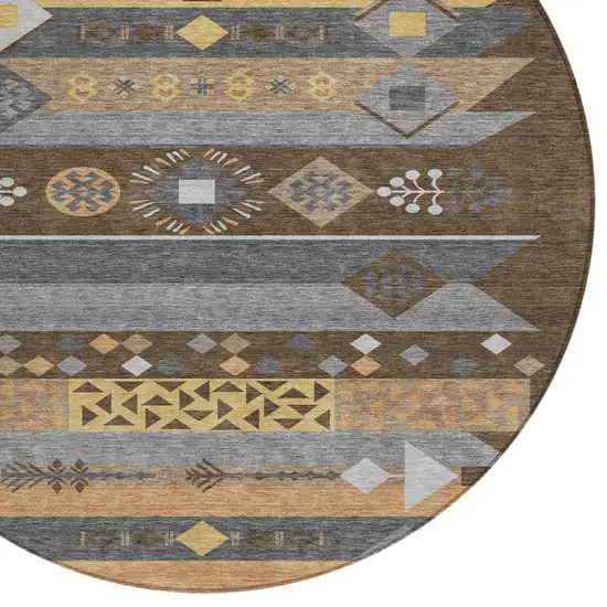 8' Chocolate And Copper Round Geometric Washable Indoor Outdoor Area Rug Photo 3