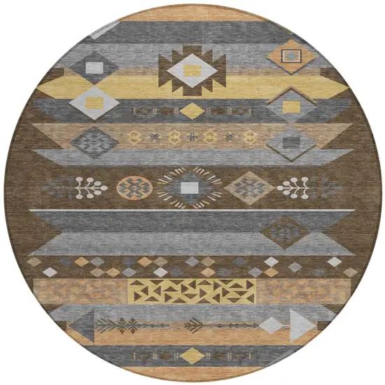 8' Chocolate And Copper Round Geometric Washable Indoor Outdoor Area Rug Photo 2
