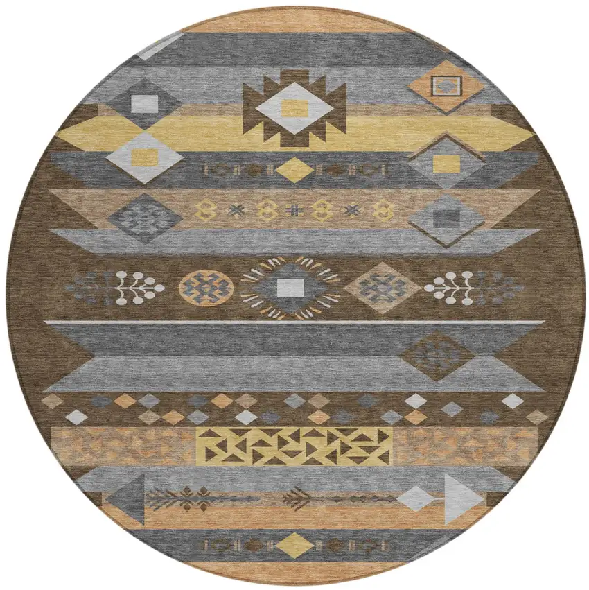 8' Chocolate And Copper Round Geometric Washable Indoor Outdoor Area Rug Photo 2