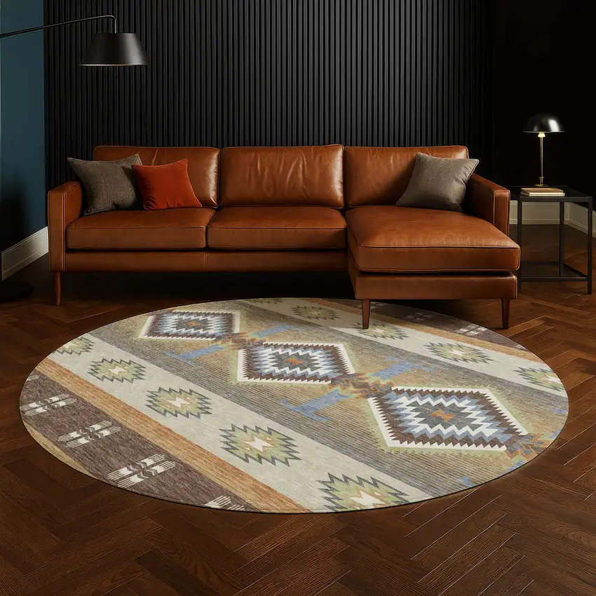 8' Chocolate And Copper Round Southwestern Washable Indoor Outdoor Area Rug Photo 5