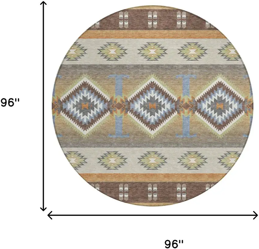 8' Chocolate And Copper Round Southwestern Washable Indoor Outdoor Area Rug Photo 8