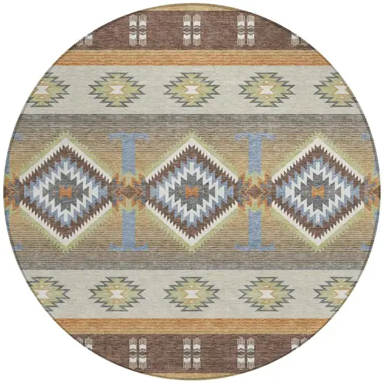 8' Chocolate And Copper Round Southwestern Washable Indoor Outdoor Area Rug Photo 3