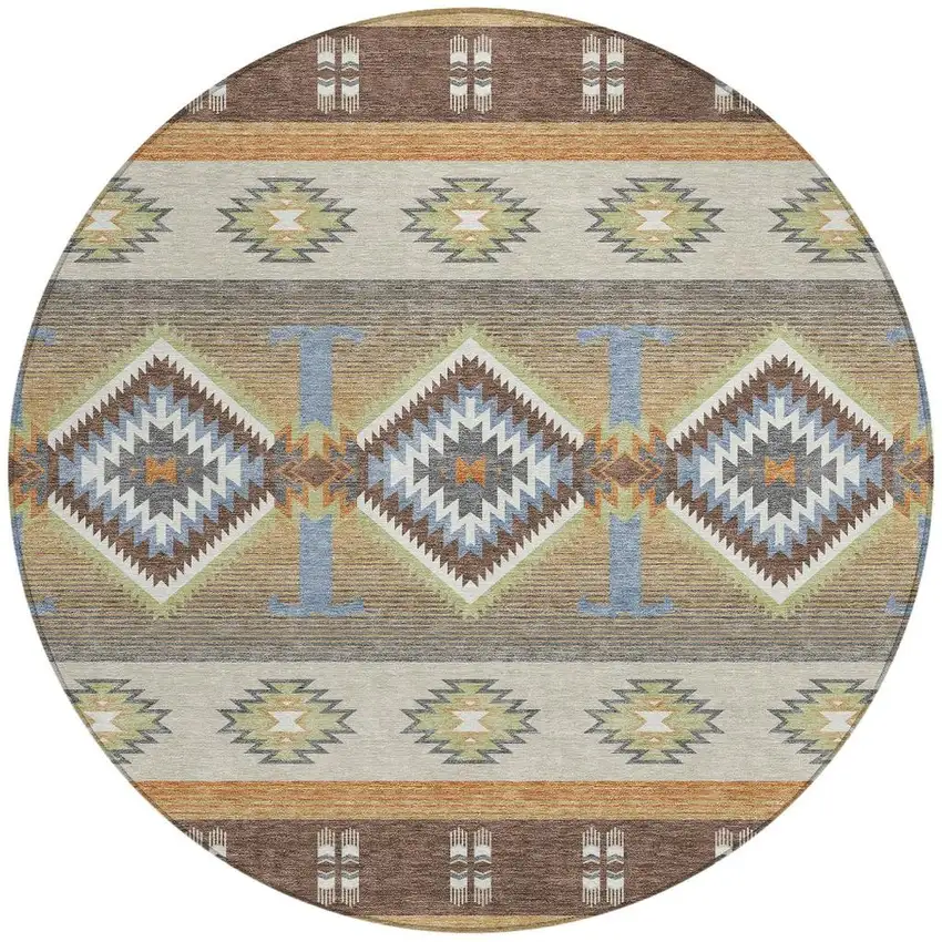 8' Chocolate And Copper Round Southwestern Washable Indoor Outdoor Area Rug Photo 3